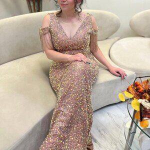 Women's Evening Dress Rose-Gold Sequins Stretchy Maxi Gown Bridesmades M, L, XL